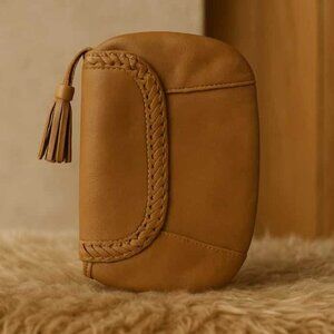 Tan Leather Tassel Clutch – Boho Chic Crossbody / Evening Bag